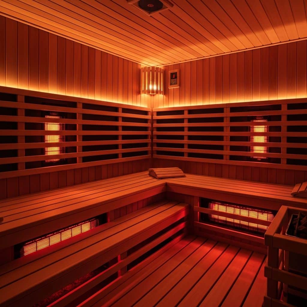 Premium infrared sauna cabin with warm amber lighting
